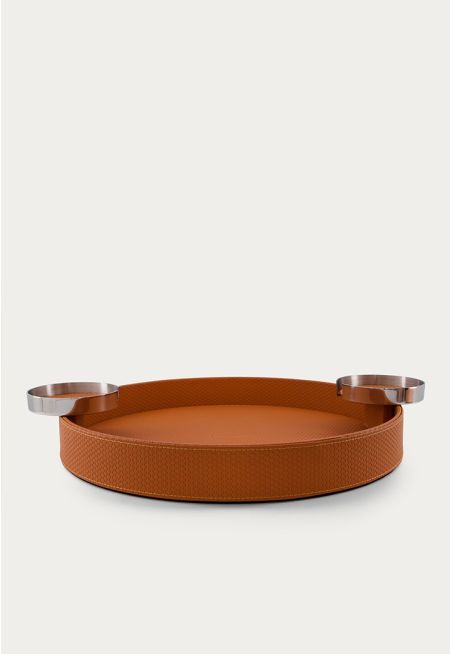Leather Embellished Round Tray With Coasters