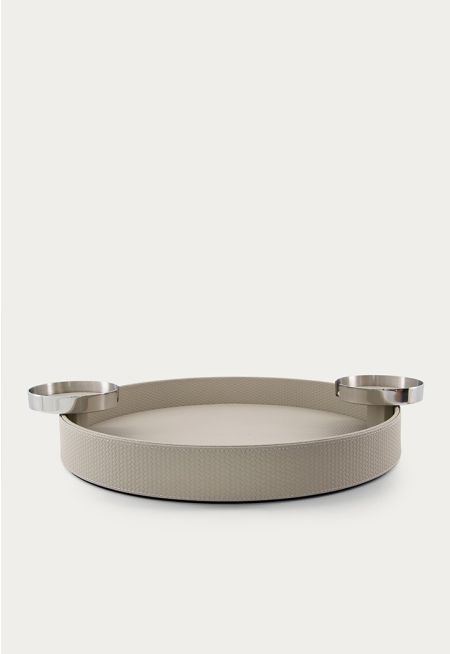 Leather Embellished Round Tray With Coasters