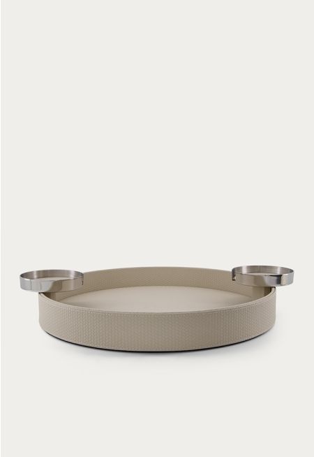 Leather Embellished Round Tray With Coasters
