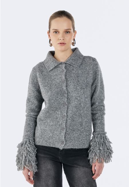 Knitted Cardigan with Fringed Sleeves
