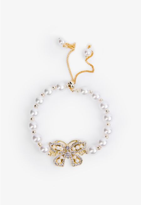 Adjustable Faux Pearl Crystal Butterfly Emblem Bracelet