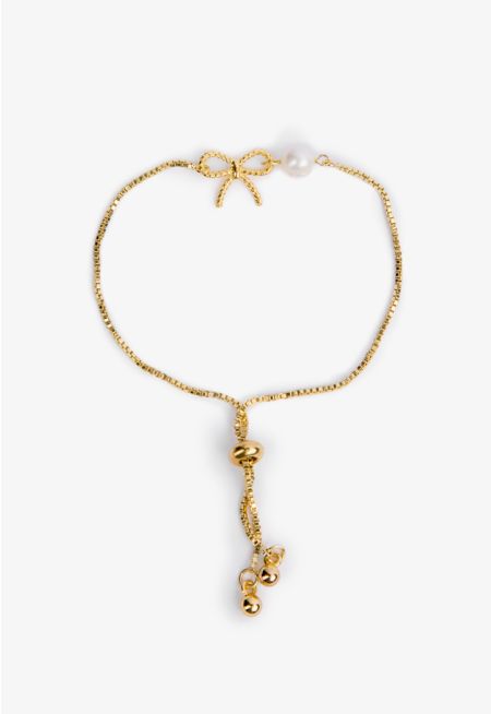 Adjustable Single Faux Pearl Ribbon Emblem Bracelet