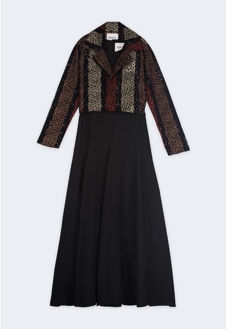 Embroidered Velvet Jacket and Dress Set (2 PCS)
