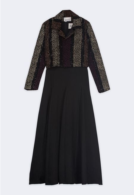 Embroidered Velvet Jacket and Dress Set (2 PCS)