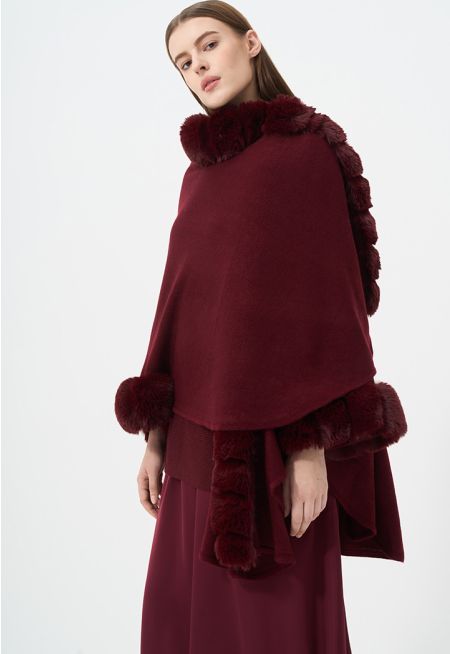 Knitted Faux Fur Embellished Poncho