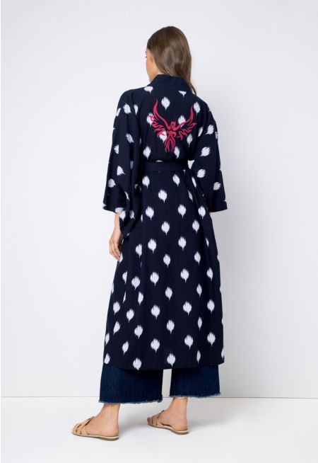 Embroidered Printed Belted Kimono