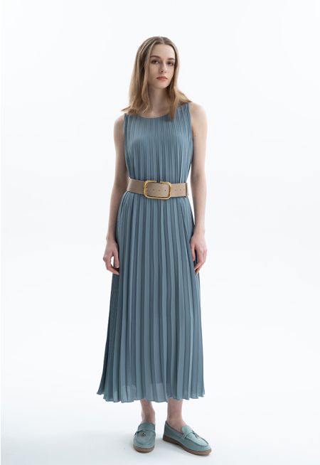 Pleated Sleeveless A-Line Dress