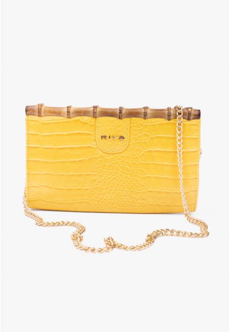 Bamboo Embellished Faux Leather Clutch