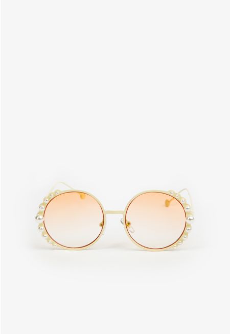 Faux Pearls Embellished Round Sunglasses