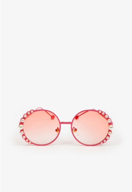 Faux Pearls Embellished Round Sunglasses