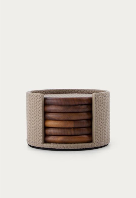 Leather Embellished Wooden Coaster 6 Pcs