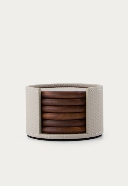 Leather Embellished Wooden Coaster (6Pcs)