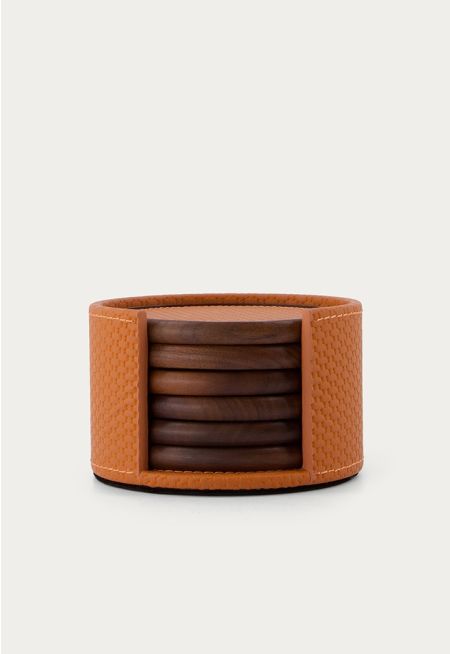 Leather Embellished Wooden Coaster 6 Pcs