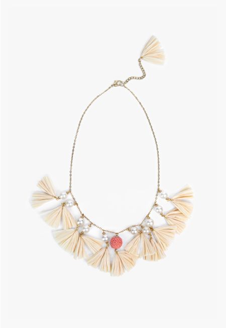 Faux Pearls & Paper Tassels Necklace
