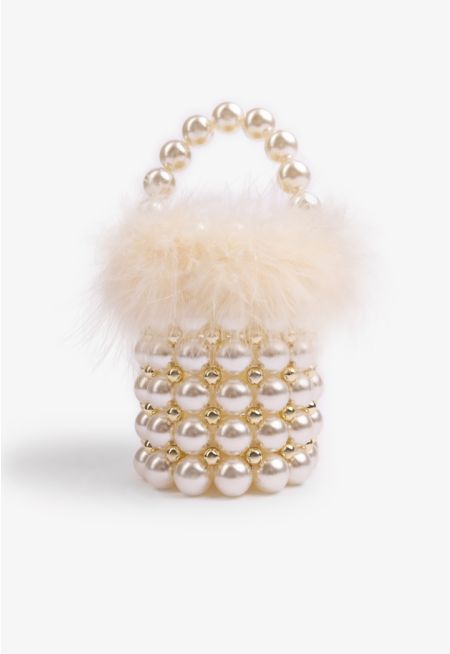 Beaded Faux Feather Bucket Bag