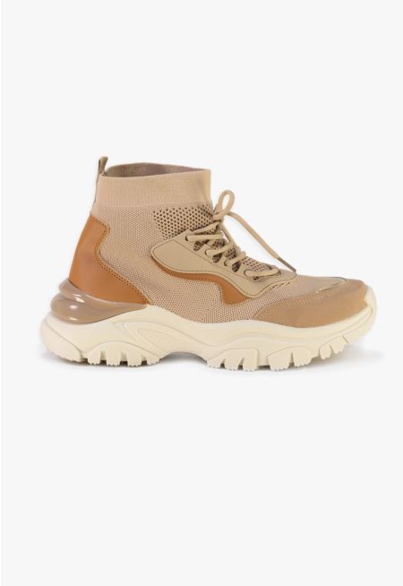 Flyknit Contrast Details Lace Up High Top Sneakers -Sale