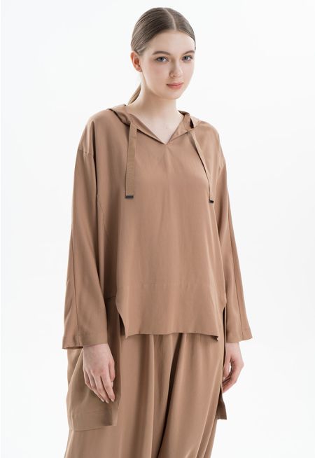 Solid Oversized High-Low Hooded Blouse -Sale