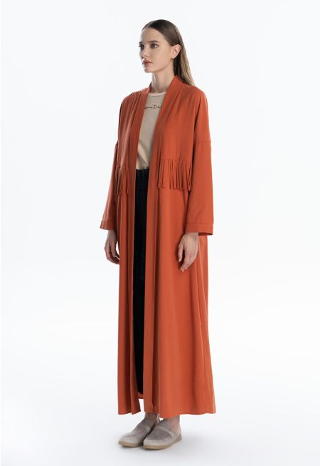Fringed Middle Solid Maxi Open Abaya -Sale