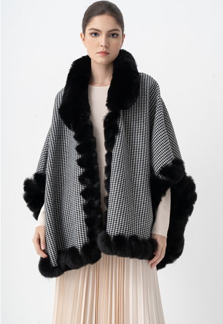 Faux Fur Embellished Houndstooth Poncho