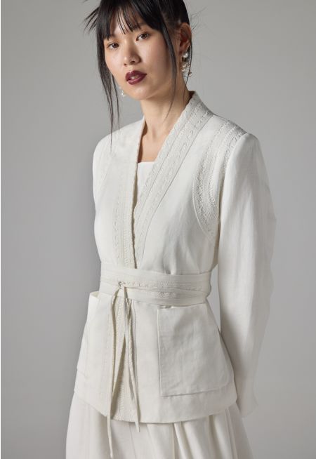 Solid Long Sleeves Embroidered Kimono 