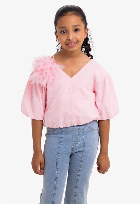 Solid Floral Pin Blouse