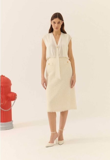 Roman Pocket Detailed Midi Tweed Skirt Off White