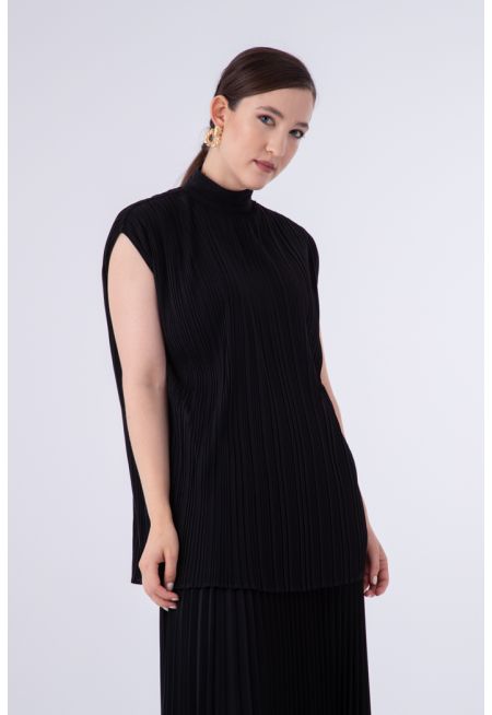 Solid Color Full Pleated Stand Collar Top