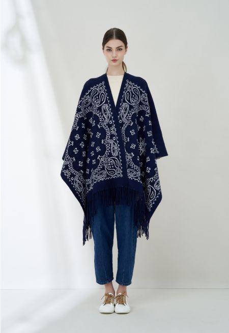 Knitted Thick Floral Tassle Woven Poncho