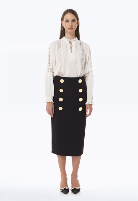 Formal Midi Skirt With Button Details -Sale