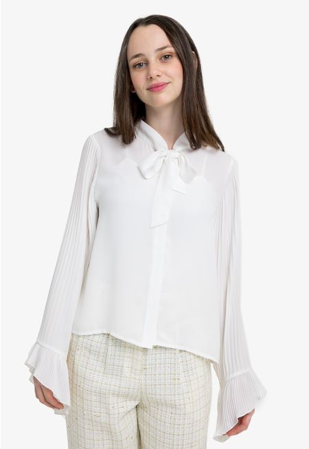 Solid Pleated Sleeves Blouse
