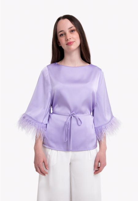 Feather Hem Belted Solid Blouse