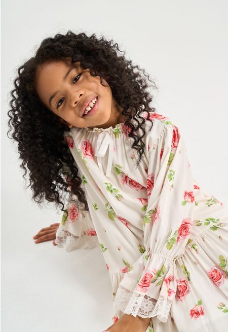 Floral Print Long Sleeve Ribbon Night Dress