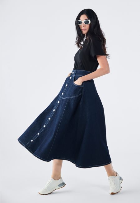 Button Embellished Flared Denim Skirt