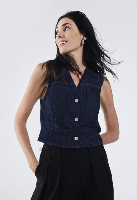 V-Neck Solid Denim Vest