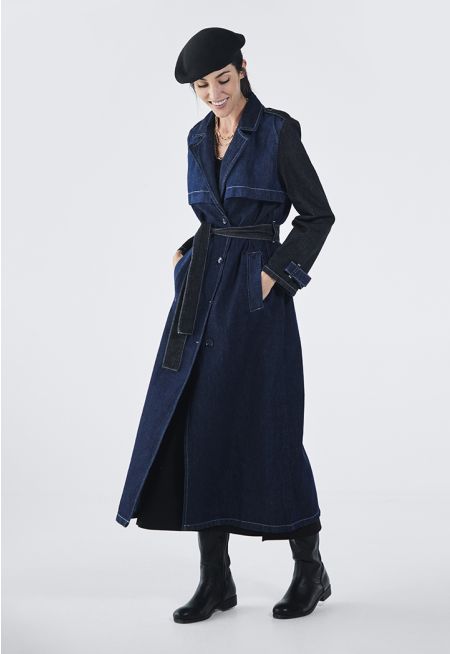 Contrast Belted Denim Coat