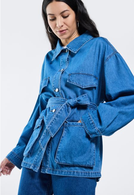 Multi Pocket Belted Denim Jacket