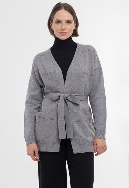 Textured Knitted Open Cardigan With Self-Tie Waist Band -Sale
