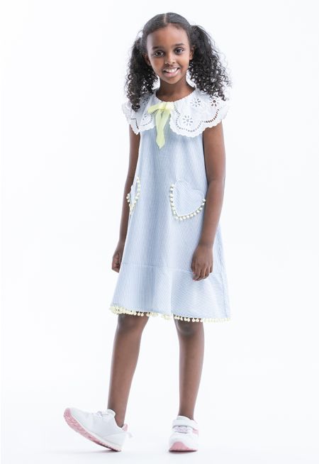 Striped Schiffli Peter Pan Collared Tiered Casual Dress -Sale