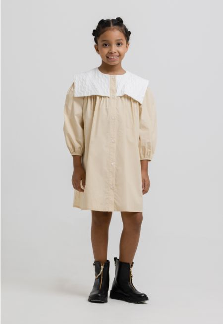 Contrast Puritan Collar Buttoned Shirt Dress -Sale