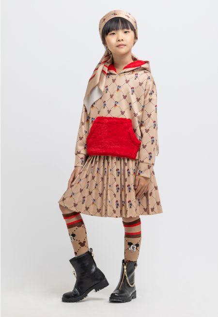 All Over Printed Fur Details Skirt And Hoodie Set -Sale