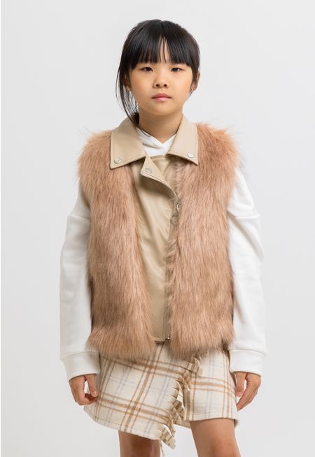 Faux Fur PU Leather Collared Details Sleeveless Jacket