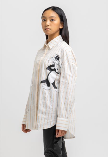 Sylvester And Daffy Duck Prints Striped Collared Shirt -Sale
