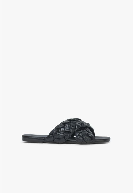 Criss Cross Woven Leather Flat Slides