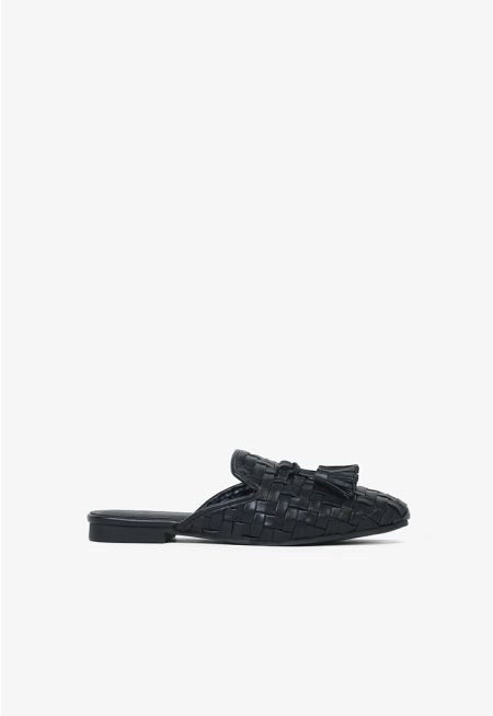 Solid PU Leather Woven Tassels Mules