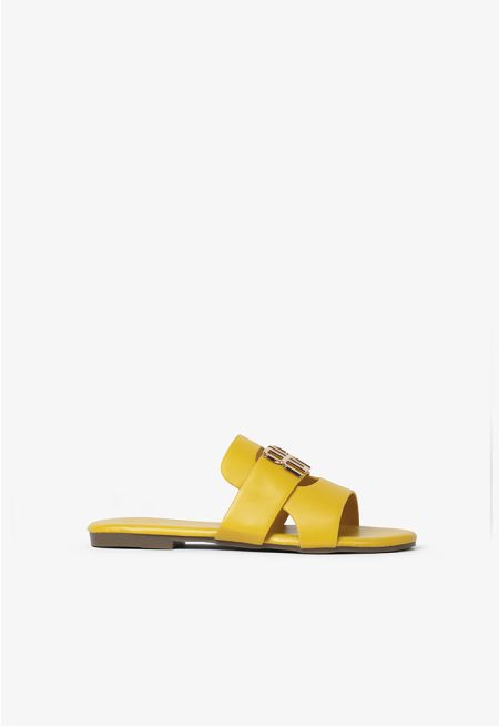 Classic Metal Logo PU Leather Flat Slides