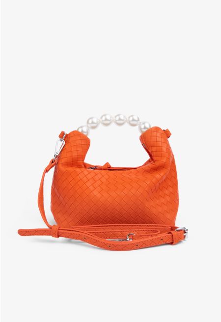 Solid Faux Pearl Handle Hand Bag