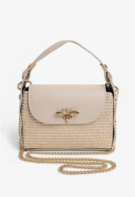 Two Toned Faux Straw Handbag