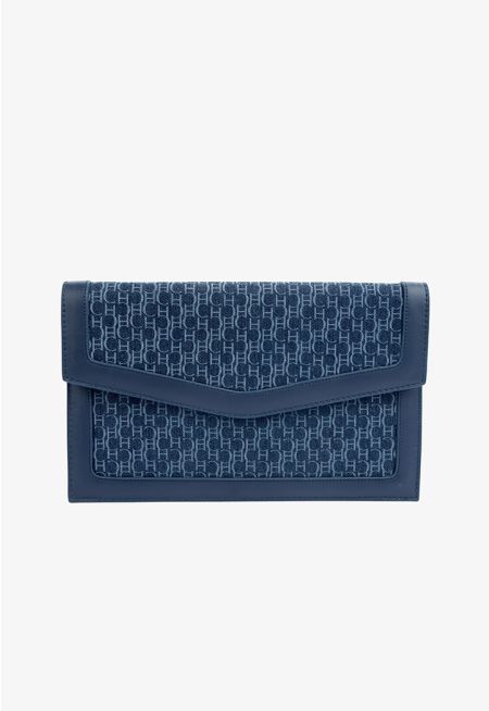 PU Leather Detailed Denim Monogram Clutch