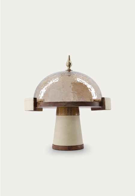 Leather & Wood Cake Stand With Glass Cover