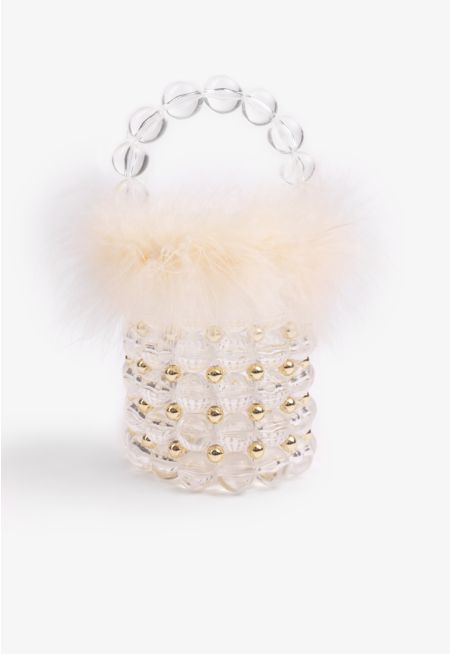 Beaded Faux Feather Bucket Bag